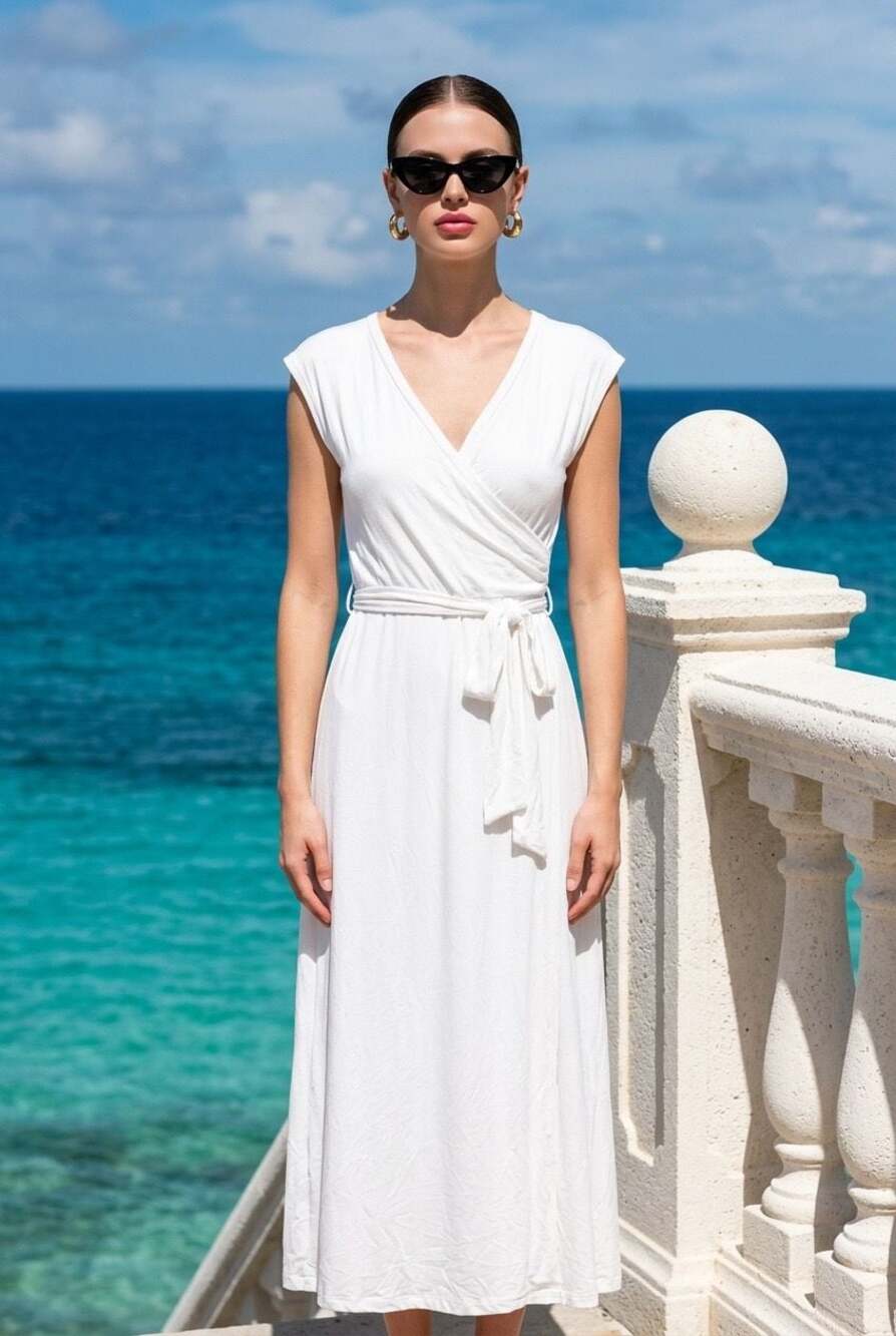 Doublju Women's V-Neck Short Sleeve Maxi Wrap Dress with Belt #B15